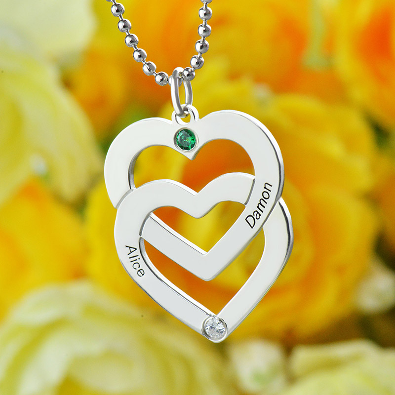 Personalized Double Heart Necklace Engraved Name Sterling Silver