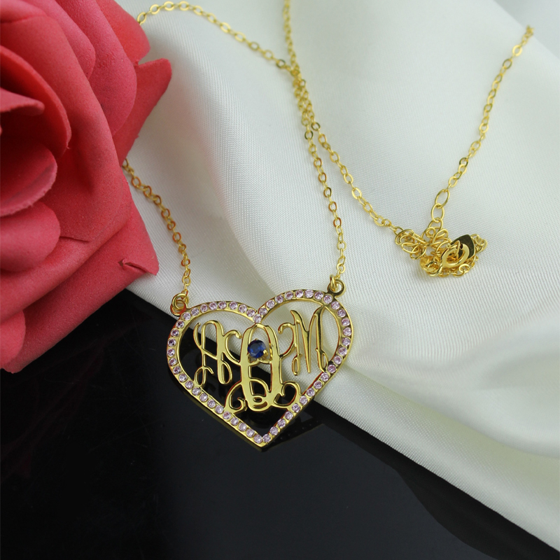 Birthstone Heart Monogram Necklace 18K Gold Plated