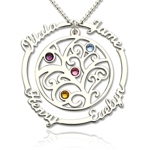 Silver Birthstone Family Tree Necklace with Name Mother's ...