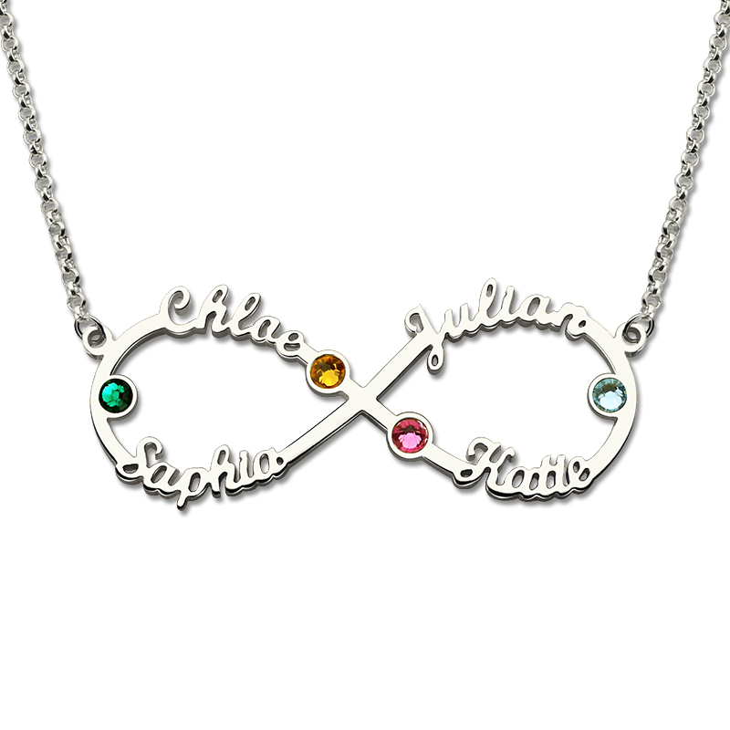 Sterling Silver Infinity Four Name Necklace With Birthstones