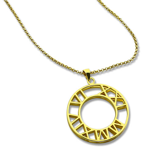 double circle roman numeral necklace clock design gold plated